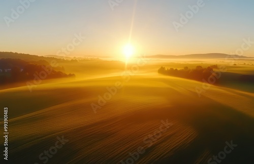 Golden Hour Sunrise Over Foggy Fields in France