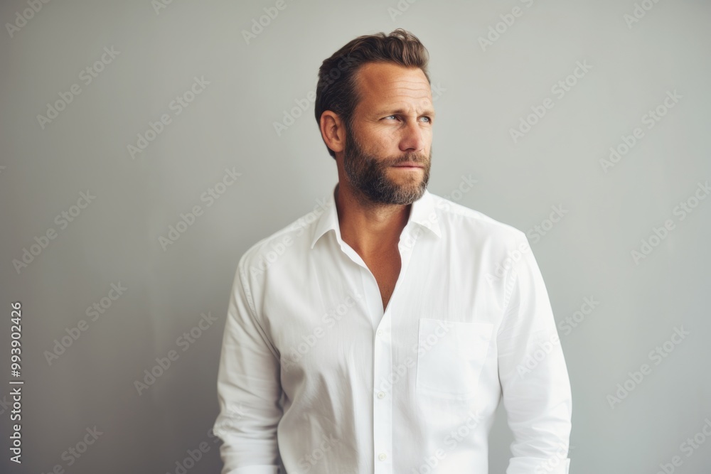 Portrait of a blissful man in his 40s wearing a classic white shirt isolated on minimalist or empty room background Portrait of a blissful man in his 40s wearing a classic white shirt isolated on minimalist or empty room background