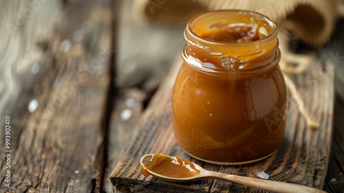 Homemade salted caramel sauce in jar on rustic table