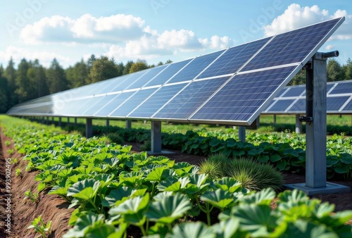 Solar Farm. A solar farm with panels and crops under a clear sky.