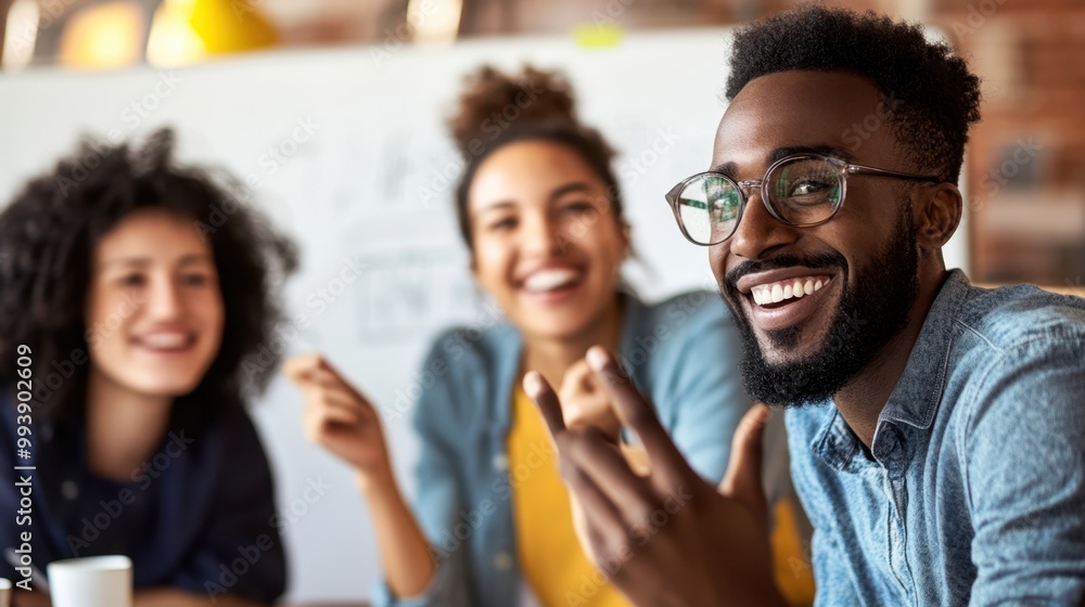 Fototapeta premium Smiling Young Adults Enjoying Fun Discussion in Creative Workspace