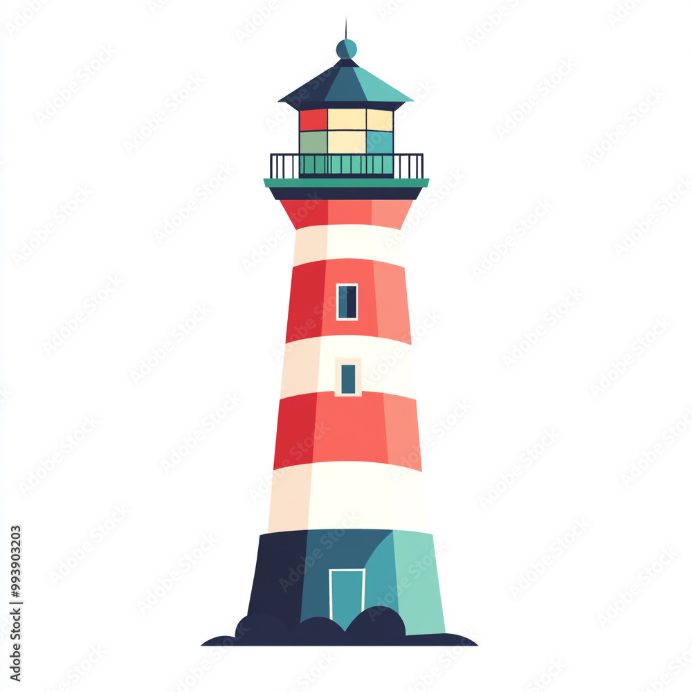 Flat design illustration of a lighthouse, with a white background, in a simple and minimalistic style. Flat design illustration of a lighthouse, with a white background, in a simple and minimalistic style.