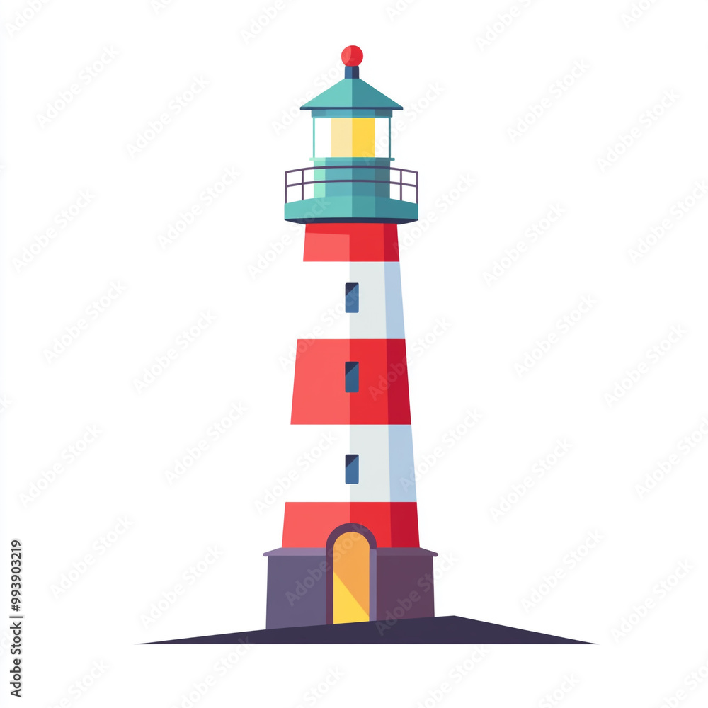 Flat design illustration of a lighthouse, with a white background, in a simple and minimalistic style. Flat design illustration of a lighthouse, with a white background, in a simple and minimalistic style.