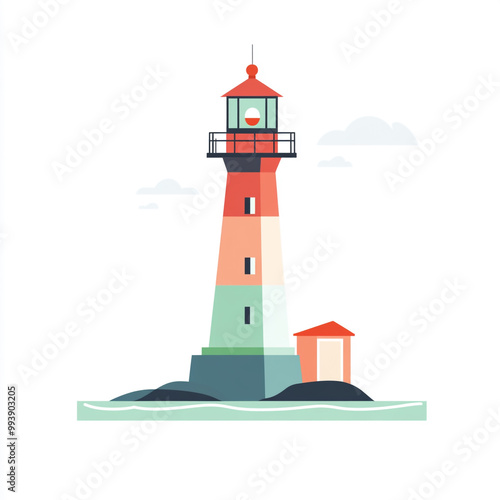 Flat design illustration of a lighthouse, with a white background, in a simple and minimalistic style. 