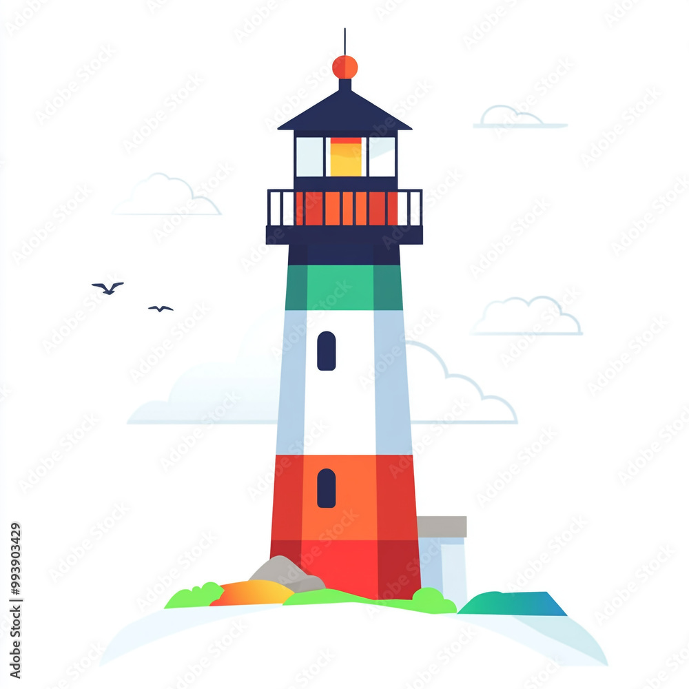 Flat design illustration of a lighthouse, with a white background, in a simple and minimalistic style. Flat design illustration of a lighthouse, with a white background, in a simple and minimalistic style.