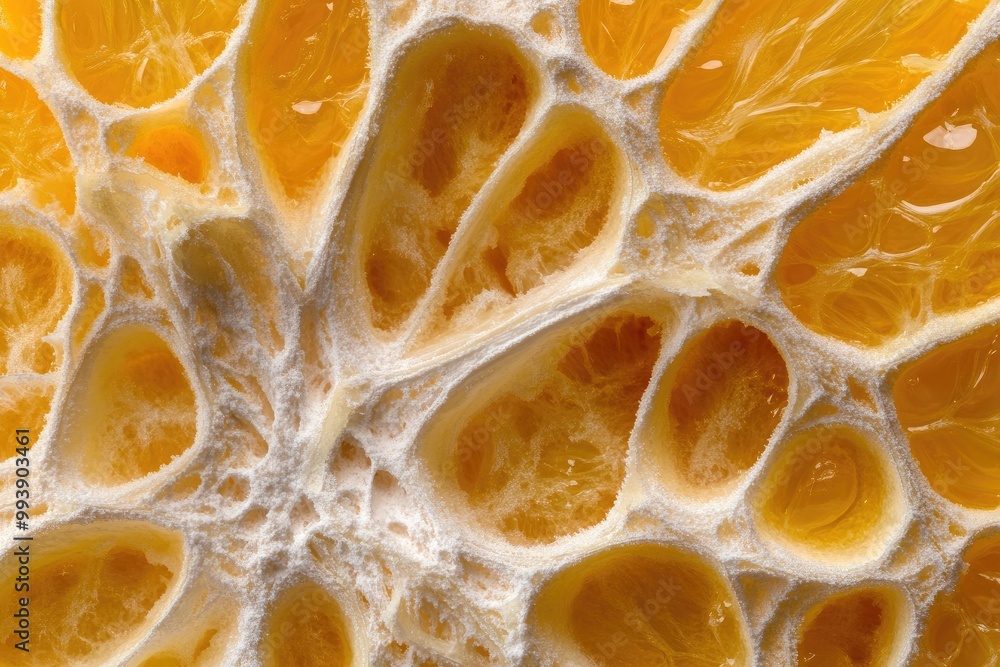Peeled citrus fruit texture showing the porous surface of the rind against juicy, segmented flesh Peeled citrus fruit texture showing the porous surface of the rind against juicy, segmented flesh