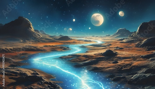 Ethereal alien landscape with a glowing river winding through rocky terrain, multiple moons illuminating the scene, and a vibrant sky scattered with stars