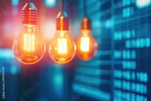 Illuminated Ideas Light Bulbs Over Financial Data Innovation Concept