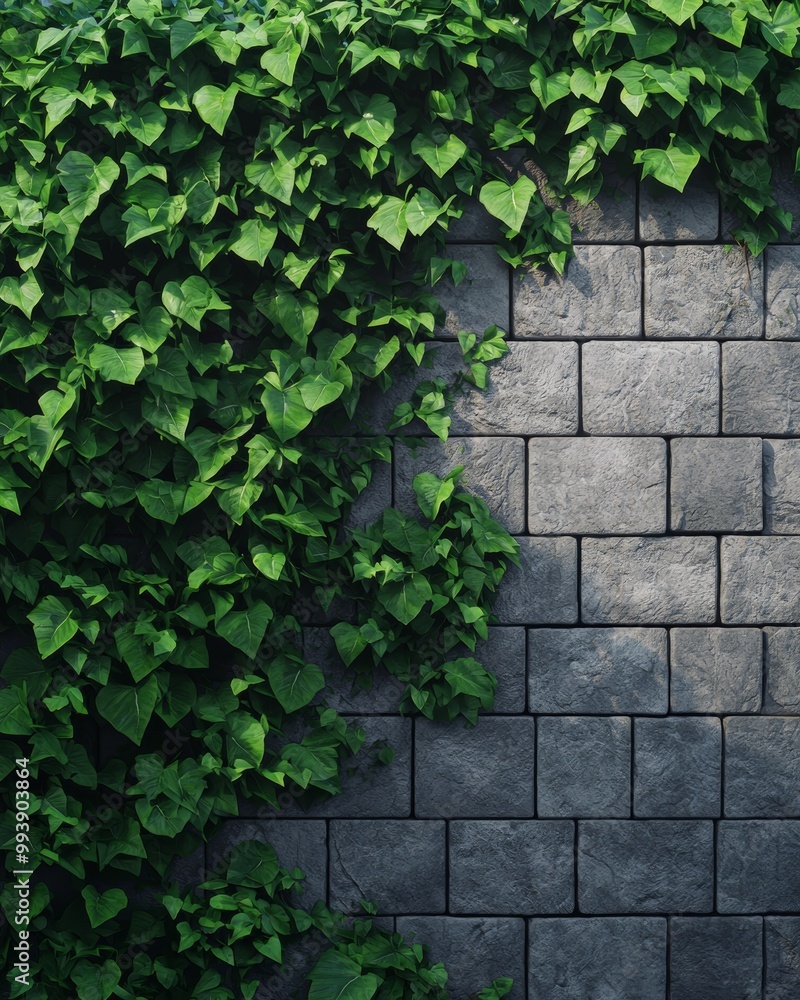 Green Ivy Leaves Against Stone Wall Background Green Ivy Leaves Against Stone Wall Background