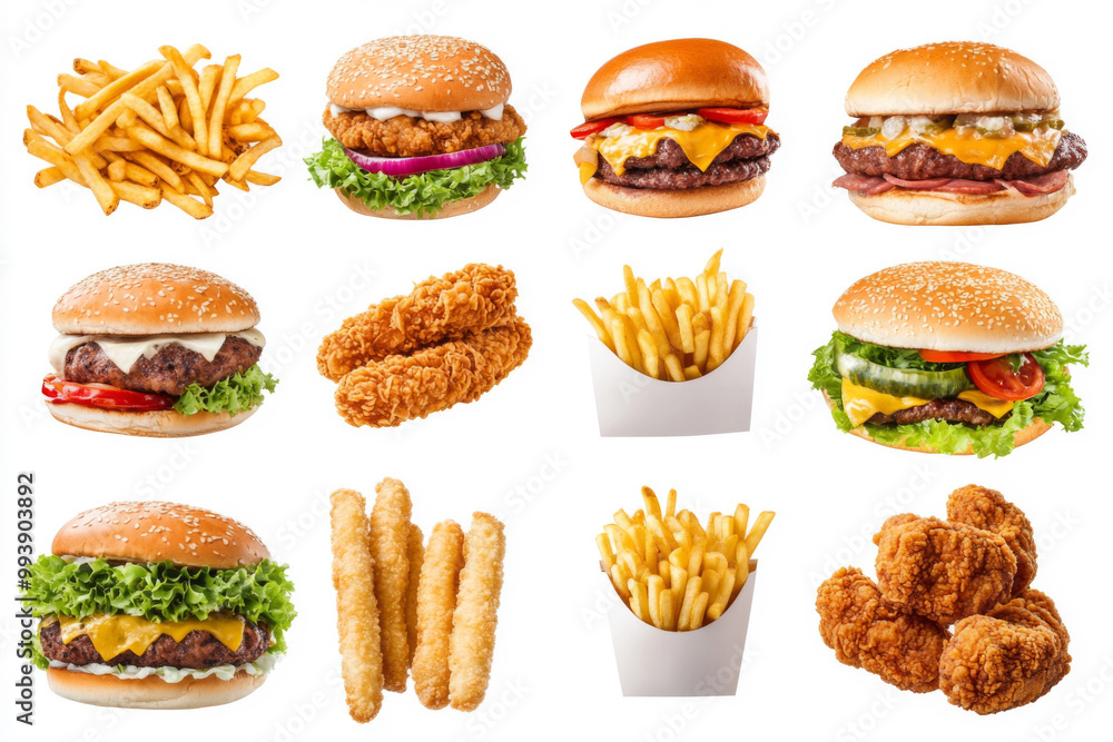 All Fast Food collection set, isolated on white background. Fried chicken, fries, hamburger, turkey, hotdog, sandwich, chicken nuggets, shawarma. Junk food of Fast Food set. Closeup of fast foods. All Fast Food collection set, isolated on white background. Fried chicken, fries, hamburger, turkey, hotdog, sandwich, chicken nuggets, shawarma. Junk food of Fast Food set. Closeup of fast foods.