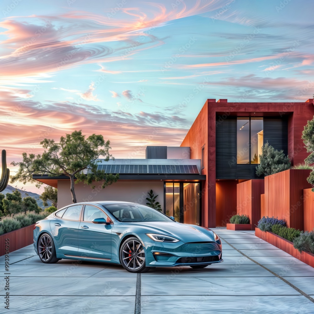 Sustainable Elegance. A modern electric car parked in front of a solar-powered house at sunset. Sustainable Elegance. A modern electric car parked in front of a solar-powered house at sunset.