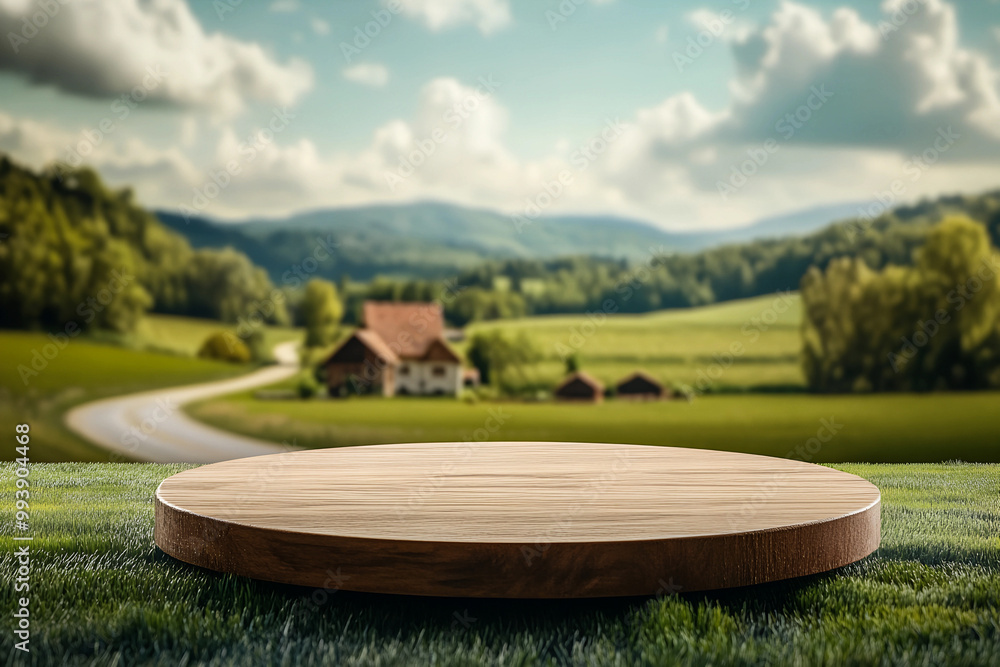Product Presentation Podium in Green Farm Setting with Village House and Country Road Mockup Background Product Presentation Podium in Green Farm Setting with Village House and Country Road Mockup Background