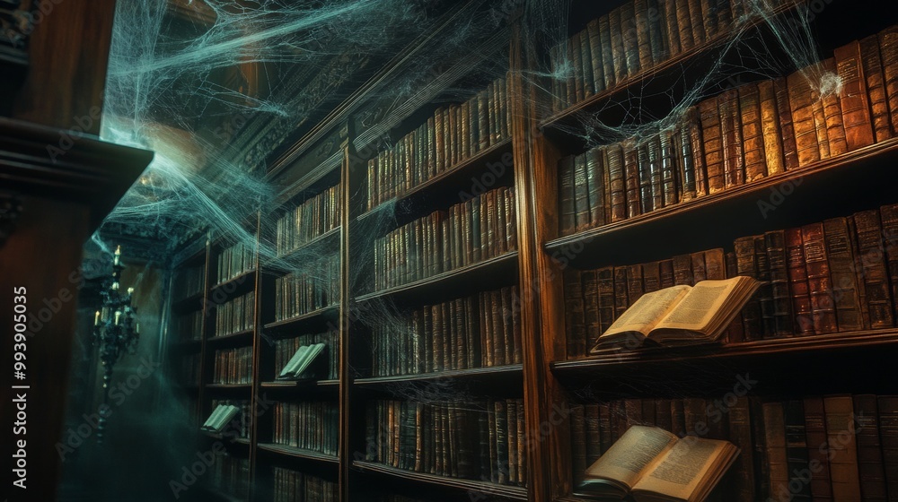 A haunted American library on Halloween shelves lined with ancient books A haunted American library on Halloween shelves lined with ancient books