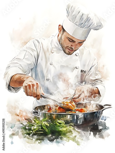 Chef preparing meat dish with fresh herbs in professional kitchen setting