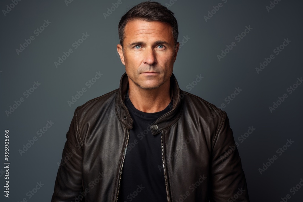 Portrait of a tender man in his 40s sporting a stylish varsity jacket isolated on minimalist or empty room background Portrait of a tender man in his 40s sporting a stylish varsity jacket isolated on minimalist or empty room background