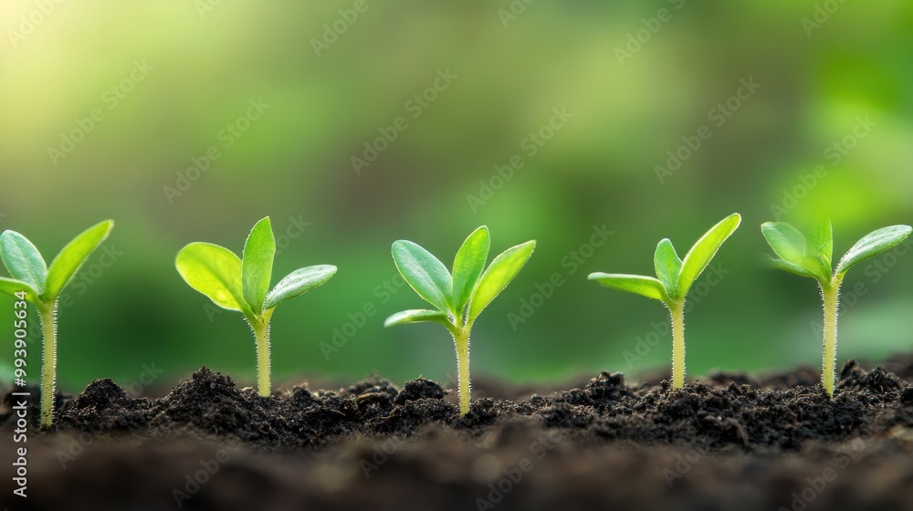 Naklejka premium Young Green Seedlings Growing in Soil with Blurred Natural Background