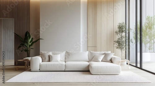 Modern interior with white sofa panorama