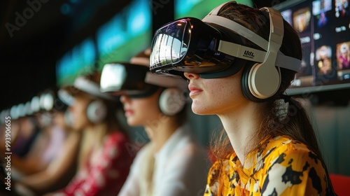 Contemporary Spring Racing Carnival Experience with VR Headsets and Digital Screens Displaying Odds