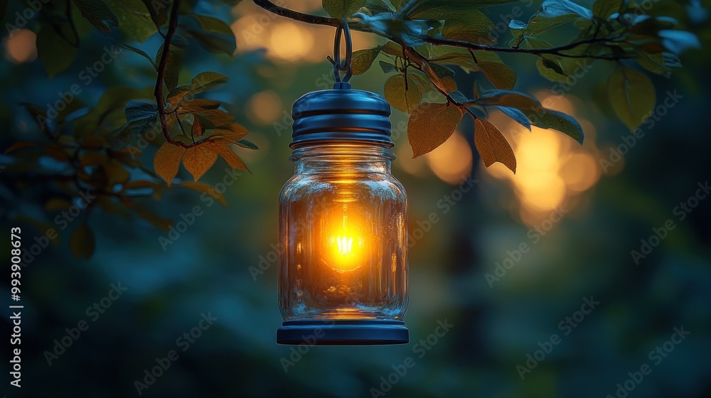 A glowing lantern hangs from a branch in a serene forest setting. A glowing lantern hangs from a branch in a serene forest setting.