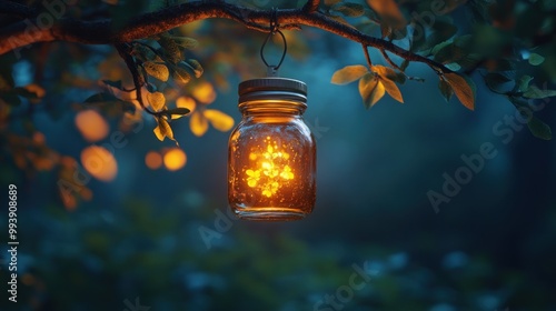 A glowing jar hangs from a tree branch in a mystical forest.