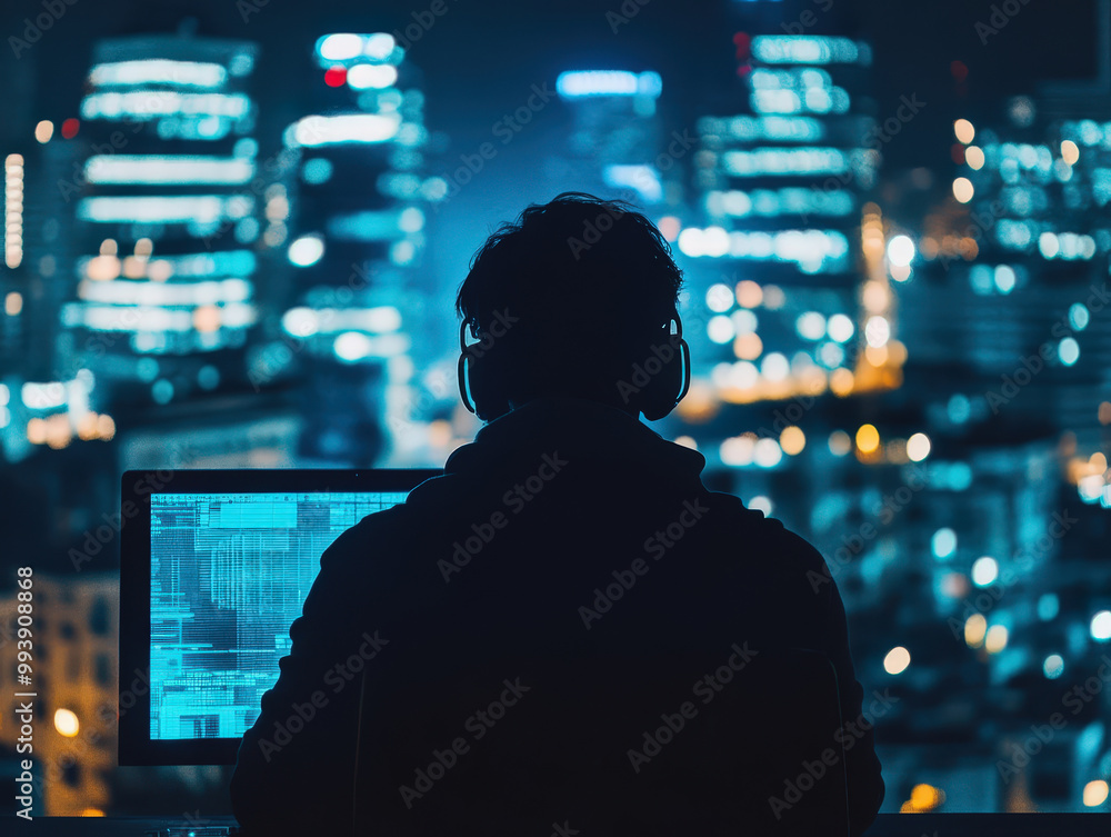 Cyber Analyst in Noir Style at Night Cityscape Cyber Analyst in Noir Style at Night Cityscape
