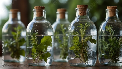 Refreshing plastic bottles filled with water and herbs.