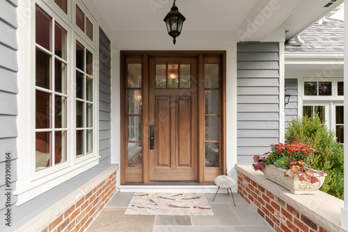 A front door and covered porch detail on a home with grey siding, white trim, red brick, a wooden front door. photo