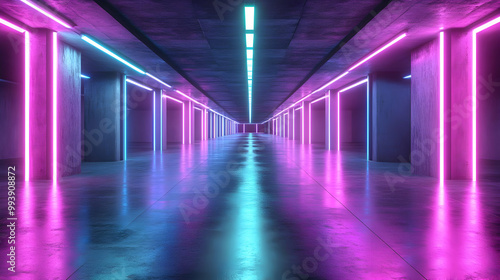 Neon Lights Corridor 3D Illustration