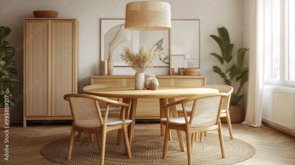 Natural wood round dining table and chairs on wicker rug Wooden cabinet in dining room Scandinavian style home interior design of modern living room Natural wood round dining table and chairs on wicker rug Wooden cabinet in dining room Scandinavian style home interior design of modern living room