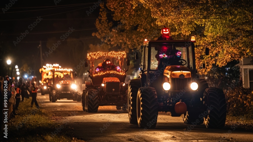 A spooky American Halloween tractor parade through a small town with costumed drivers A spooky American Halloween tractor parade through a small town with costumed drivers
