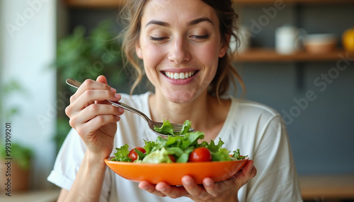 eat healthy food on wellness lifestyle. Beauty young woman eating salad as a breakfast.