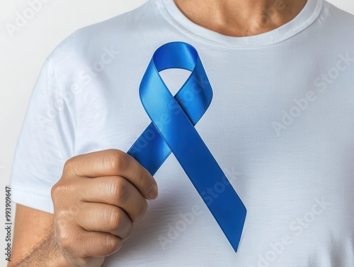 Survivor holding colon cancer awareness ribbon, hope and support, colorectal cancer, survivorship photo