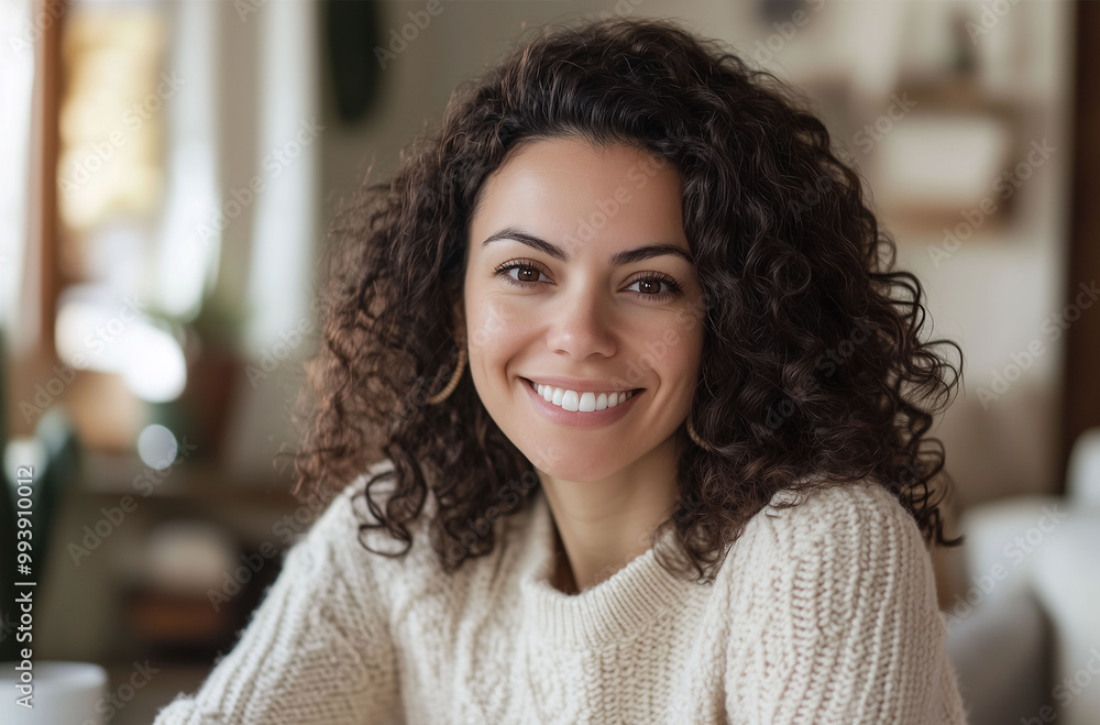Attractive Woman in Cream Sweater Smiling While Leaning on Table - Natural Light Portrait. Attractive Woman in Cream Sweater Smiling While Leaning on Table - Natural Light Portrait.
