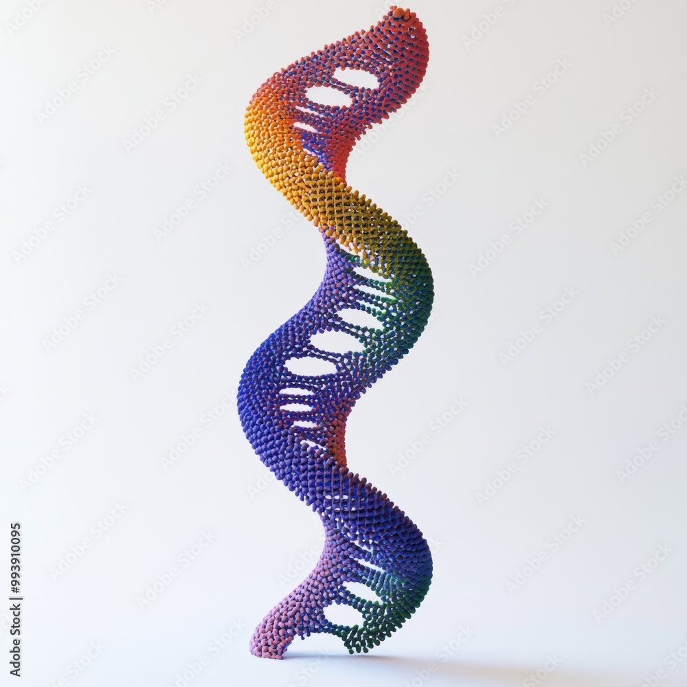 Fototapeta premium A sleek 3D model of a DNA double helix, designed with vibrant colors and detailed textures, placed against a white background