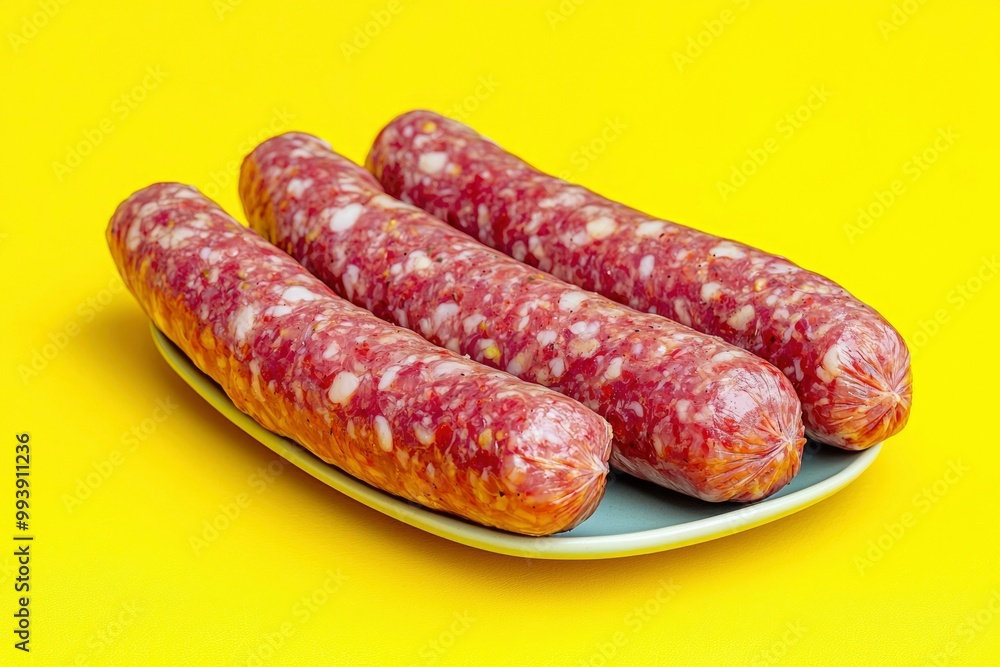Three Raw Uncooked Pork Sausages on a Plate Against a Yellow Background Three Raw Uncooked Pork Sausages on a Plate Against a Yellow Background