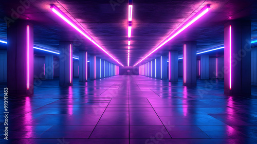 Fototapeta Naklejka Na Ścianę i Meble -  Neon Lights 3D Render - Futuristic Underground Tunnel