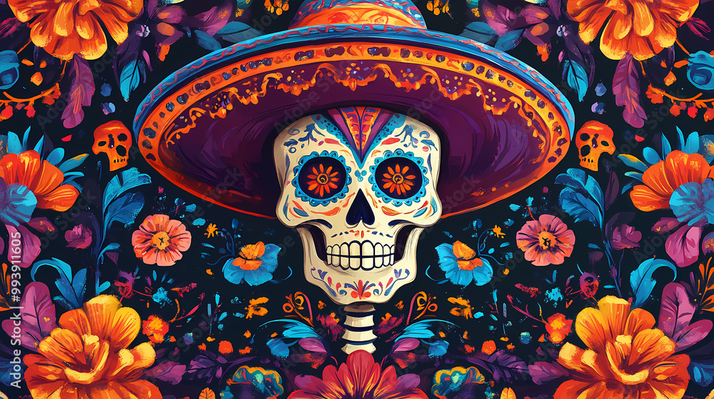A vibrant mexican day of the dead pattern featuring an intricately detailed sugar skull wearing a sombrero. Folk Art. Illustration A vibrant mexican day of the dead pattern featuring an intricately detailed sugar skull wearing a sombrero. Folk Art. Illustration