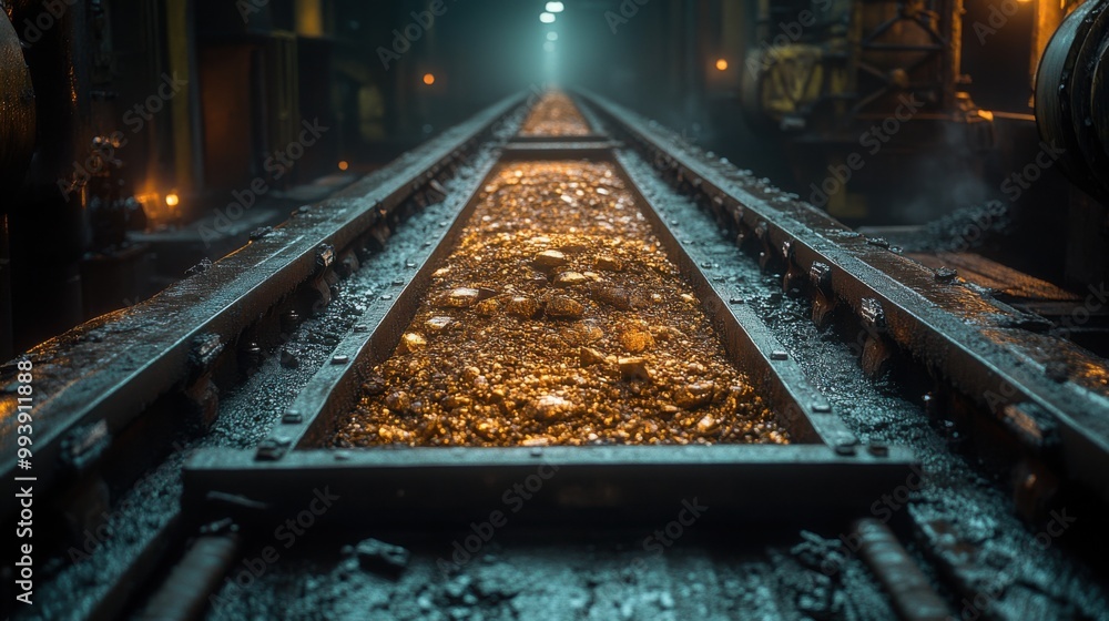 Gold Ore Transport on a Conveyor Belt in a Mine Gold Ore Transport on a Conveyor Belt in a Mine