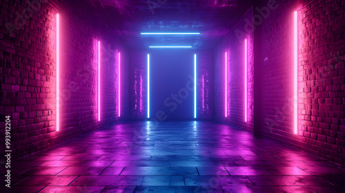 Neon Lights in Brick Tunnel 3D Illustration