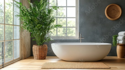 Modern bright loft style bathroom, large indoor plant in the corner --ar 16:9 --stylize 400 --v 6.1 Job ID: 25f1b21a-2024-475d-a0ba-124d0aefcfee