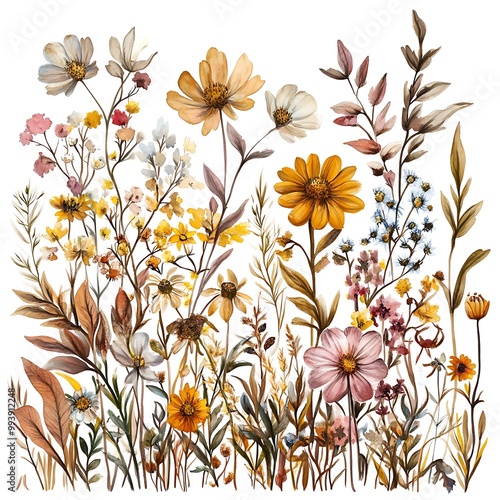 Watercolor Painting of a Wildflower Meadow with Warm Tones.