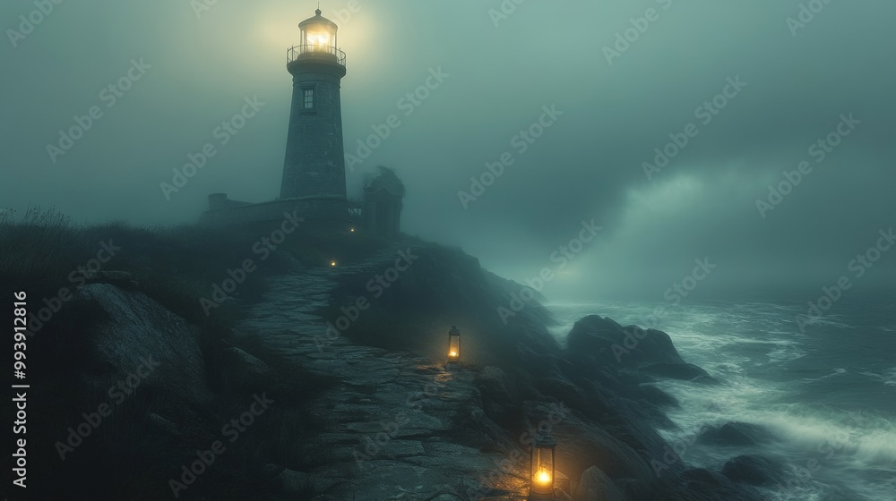Fototapeta premium An American haunted lighthouse by the ocean eerie fog rolling in from the waves