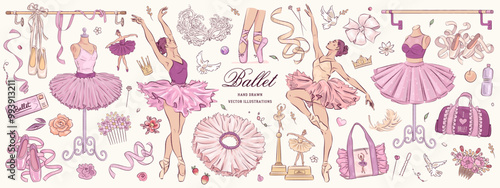 Hand drawn sketch ballet set. Vector illustration of ballerina and ballet studio elements isolated on background