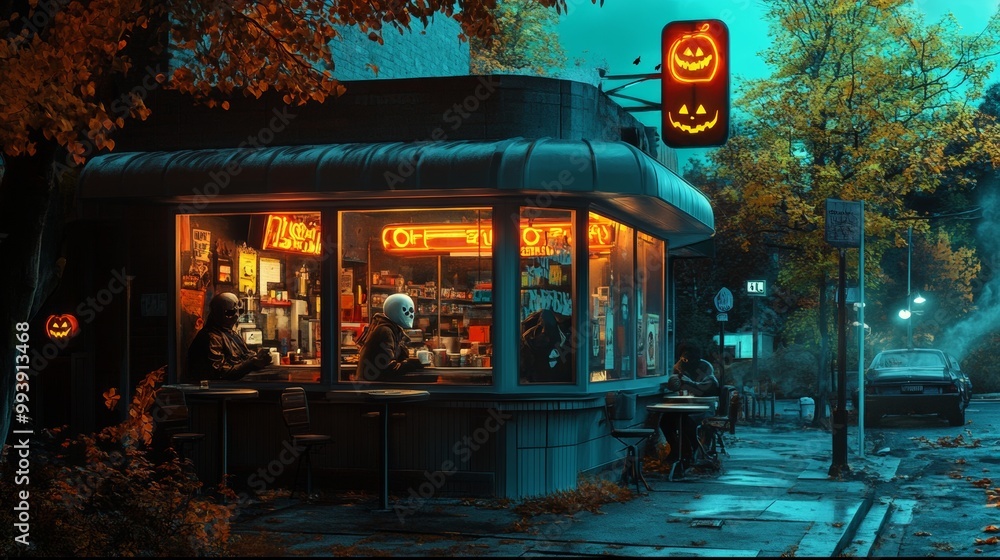 An eerie Halloween gathering in a small American diner neon signs flickering outside An eerie Halloween gathering in a small American diner neon signs flickering outside