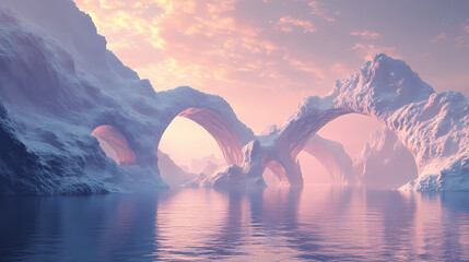 Leinwandbilder Lavendelfarbene Motive 3d render. abstract surreal seascape background with rocky mountains and mirror arches. fantastic landscape wallpaper. Surreal Landscape. Illustration  © Thiago