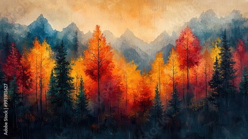 Vibrant Autumn Forest with Mountain Backdrop