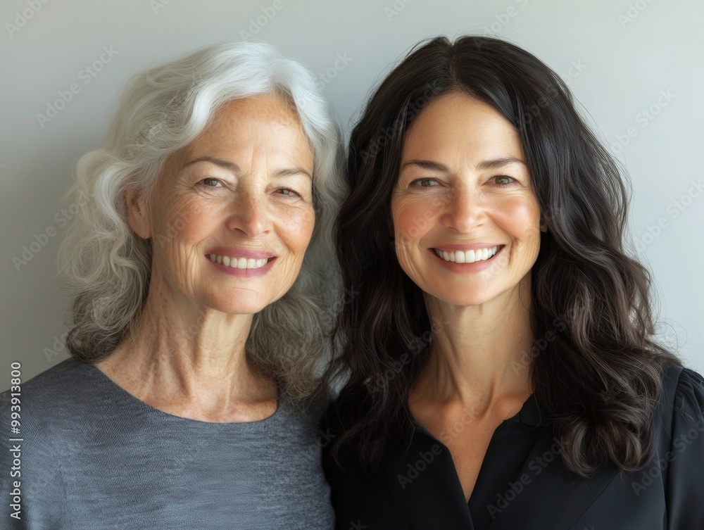 Smiling portrait of two women from different generations, standing next to each other, their facial expressions showing warmth and connection Smiling portrait of two women from different generations, standing next to each other, their facial expressions showing warmth and connection