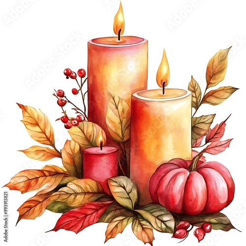Watercolor illustration of Autumn candles with pumpkin, berries and leaves.