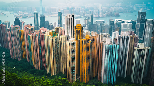  a dizzying height Vertigo-inducing perspective of skyscrapers in a dense urban jungle from  photo