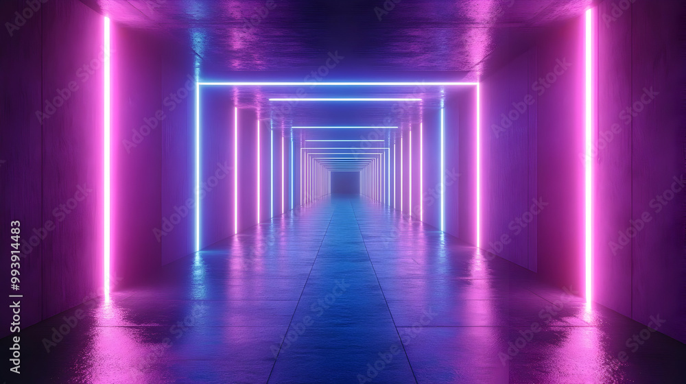 Neon Lights in a Long Corridor 3D Illustration Neon Lights in a Long Corridor 3D Illustration